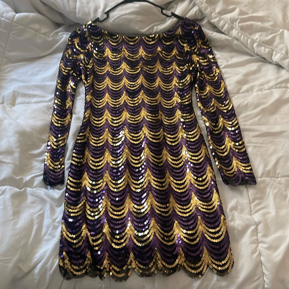 Purple and gold sequin dress